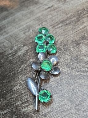 Vtg 1940s Sterling Silver Flower Brooch Green Rhinestones 3.5"